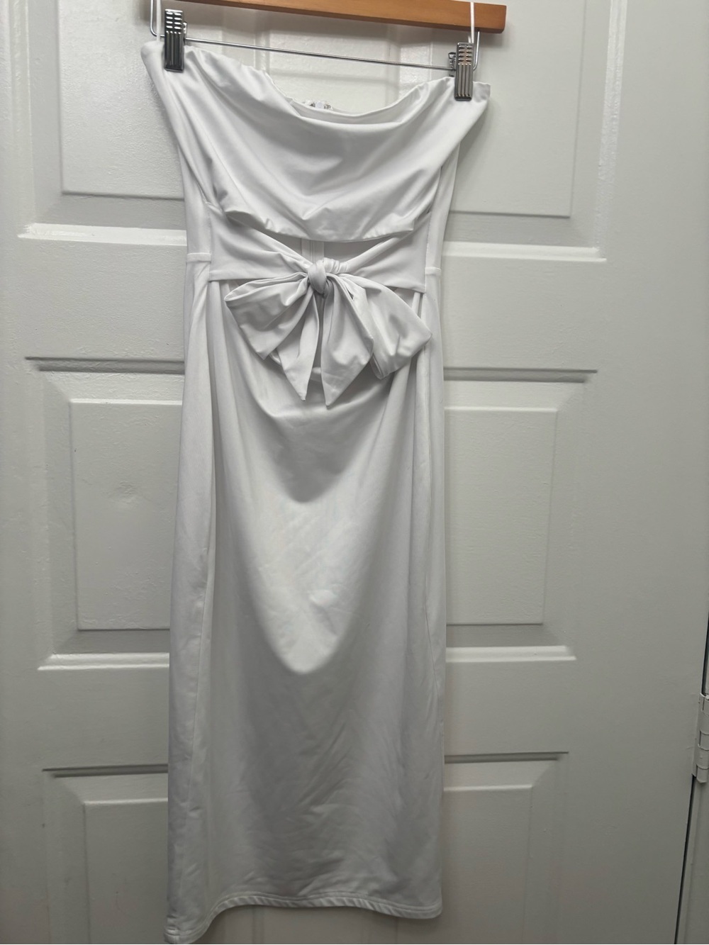 superdown White Strapless Midi Dress with Front tie Accent